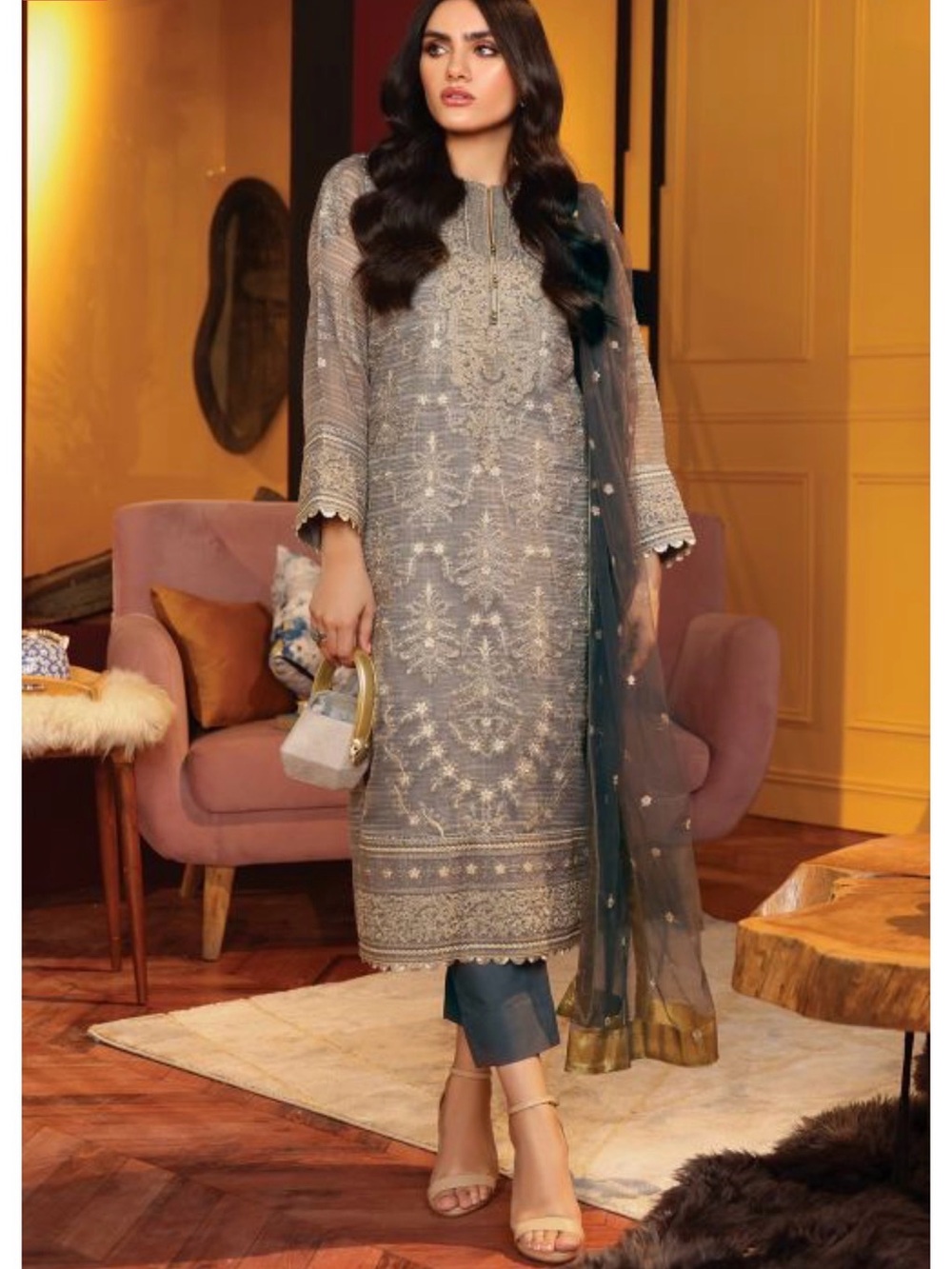 Alkaram Studio 3PC Premium Embroidered Suit Grey